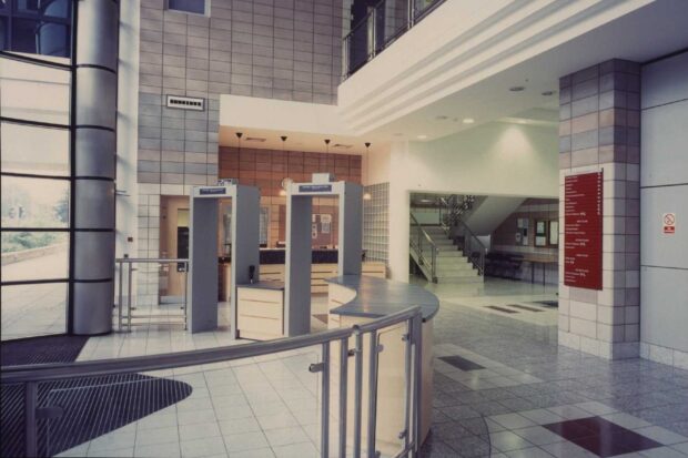 Public entrance to the Crown Court with large windows