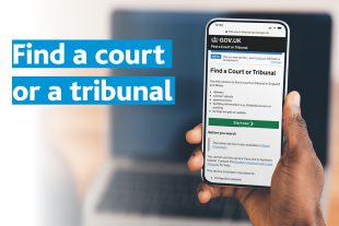 A mobile phone displays the Find a Court or Tribunal web page