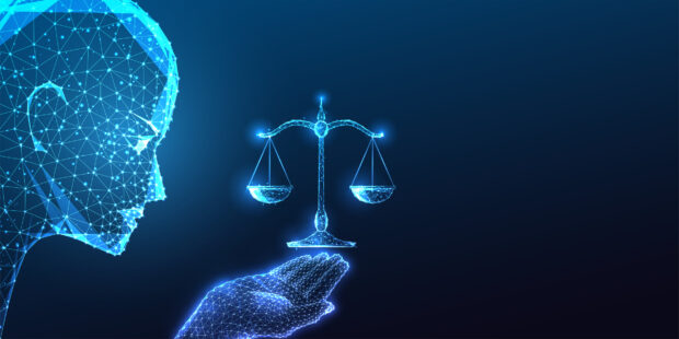 AI robotic head gazes at hand holding scales on dark blue background. Ethics decision-making concept